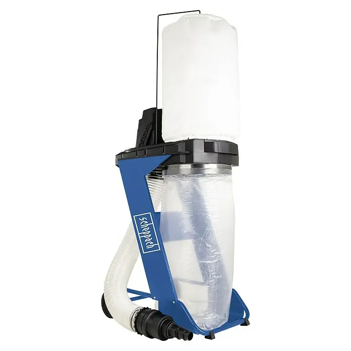 Scheppach Absauganlage DC500 - 550 W, Staubbeutelvolumen: 75 l - Scheppach Absauganlage mit blauem Rahmen, weißem Filter und transparentem Auffangsack für den Einsatz in Werkstätten.