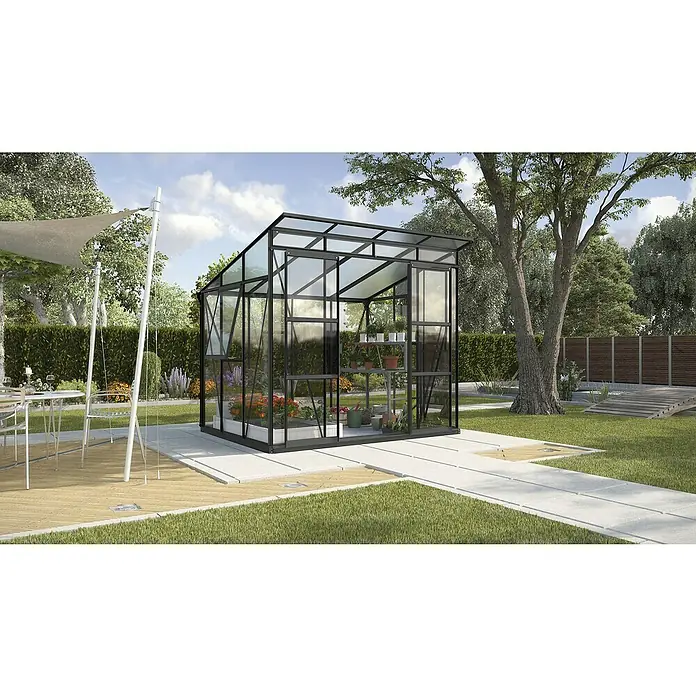 Vitavia Gewächshaus Freya 5900 Plus - Außenmaß inkl. Dachüberstand (B x T): 229 x 258 cm, Wandstärke: 3 mm, Schwarz - Ein elegantes Gewächshaus mit schwarzem Rahmen und Glaswänden, das Pflanzen optimal schützt und stilvoll in den Garten integriert.