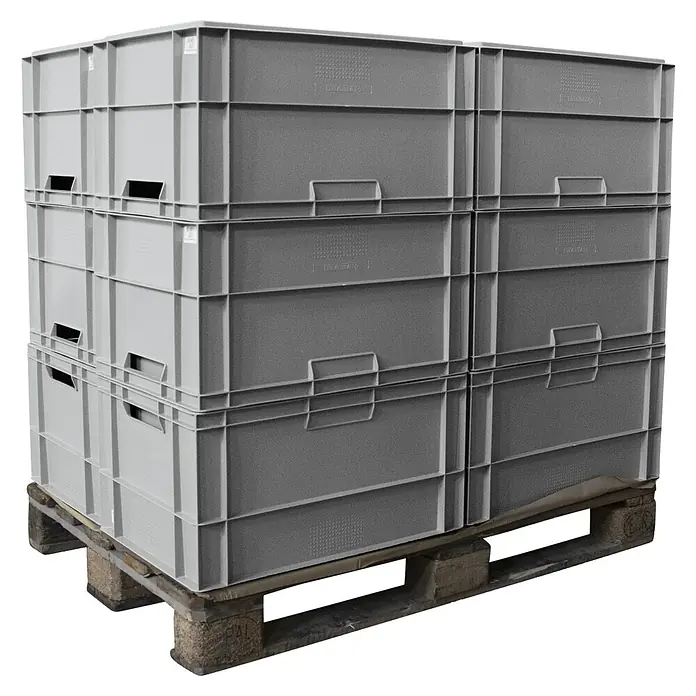 BAUHAUS Eurobox Palette - 60 l, L x B x H: 60 x 40 x 32 cm, Geschlossen, 16 Stk. - Stapelweise graue Kunststoffbehälter auf Holzpalette. Eine stabile und platzsparende Lösung für Lager und Transport.