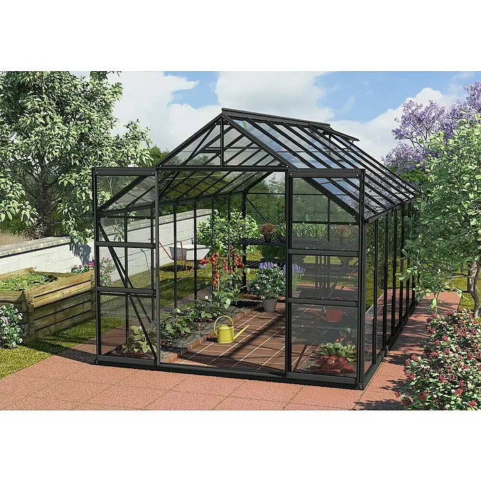 Vitavia Gewächshaus Mars 11500 - Außenmaß inkl. Dachüberstand (B x T): 257 x 445 cm, 3 mm, Schwarz - Gewächshaus mit Pflanzen. Das Gewächshaus hat eine schwarze Metallstruktur und ist mit Pflanzen wie Tomaten und Blumen gefüllt.