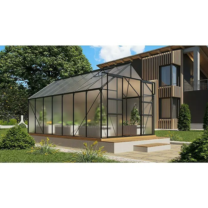 Vitavia Gewächshaus Mars 11500 Plus - Außenmaß inkl. Dachüberstand (B x T): 257 x 445 cm, 6 mm, Schwarz - Ein modernes Gewächshaus aus Glas und Metall steht in einem gepflegten Garten, ideal für Pflanzenzucht und Entspannung.