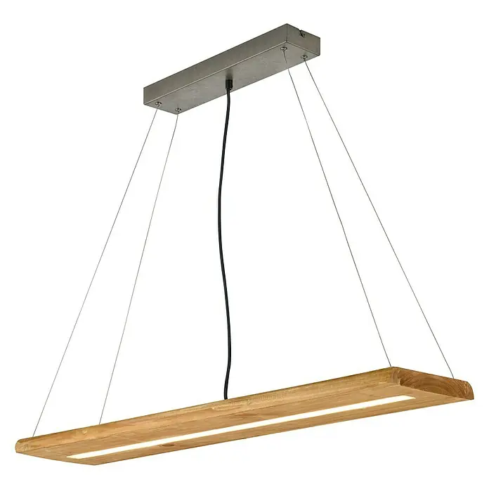 Trio Leuchten Brad LED-Pendelleuchte - 27 W, L x B x H: 20 x 100 x 150 cm, Holz, Warmweiß - Hängeleuchte mit einem Holzsockel und LED-Beleuchtung, die ein warmes Licht abgibt. Die Lampe hängt an Stahlseilen von einer rechteckigen Metallhalterung.
