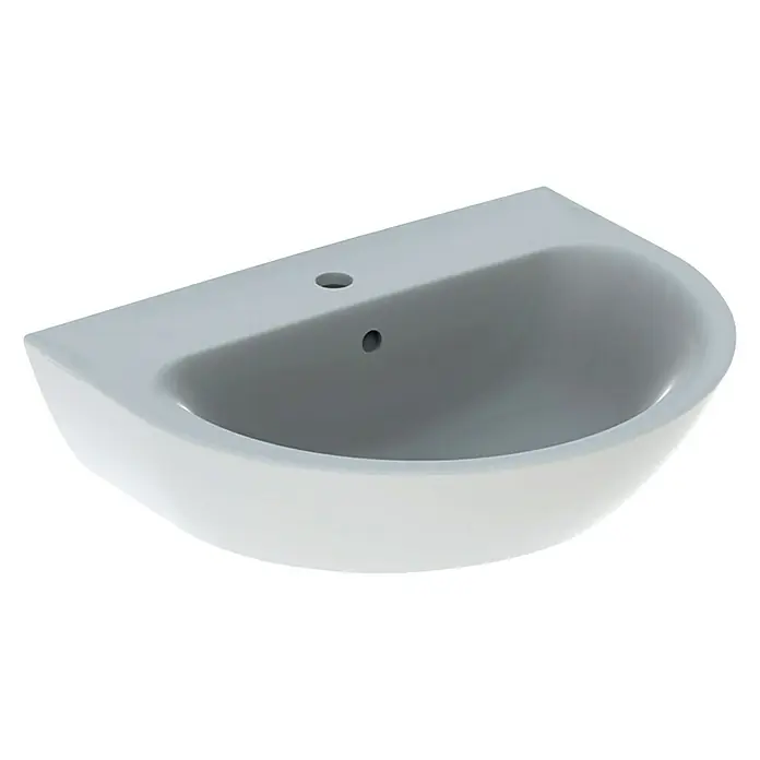 Geberit Renova Waschtisch - 60 x 48 cm, Mit schmutzabweisender Glasur, Hahnloch: Mitte, Mit Überlauf, Weiß - Nahaufnahme eines modernen, weißen Waschbeckens mit klaren Linien und minimalistischem Design, ideal für Badezimmer.