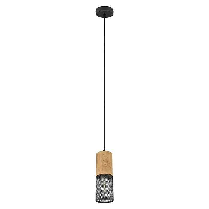 Trio Leuchten Tosh Pendelleuchte rund - 40 W, Ø x H: 10 x 150 cm, Schwarz, E27, 1 Stk. - Elegante Hängelampe mit Holzelement und schwarzem Lampenschirm. Sie vereint rustikale und moderne Akzente und sorgt für stimmungsvolles Licht.