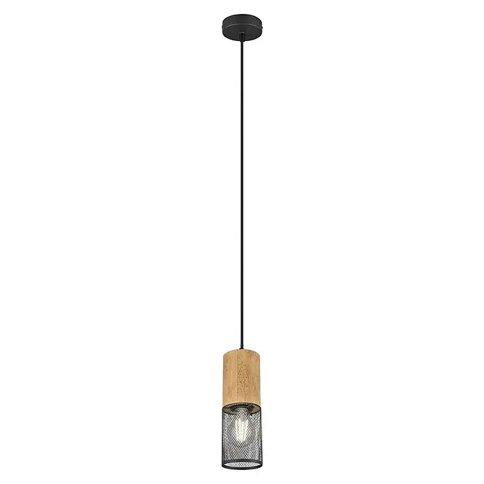 Trio Leuchten Tosh Pendelleuchte rund - 40 W, Ø x H: 10 x 150 cm, Schwarz, E27, 1 Stk. - Hängeleuchte mit Holz- und Metallakzenten, die eine warme und stilvolle Beleuchtung bietet. Die Lampe ist ein echter Hingucker.