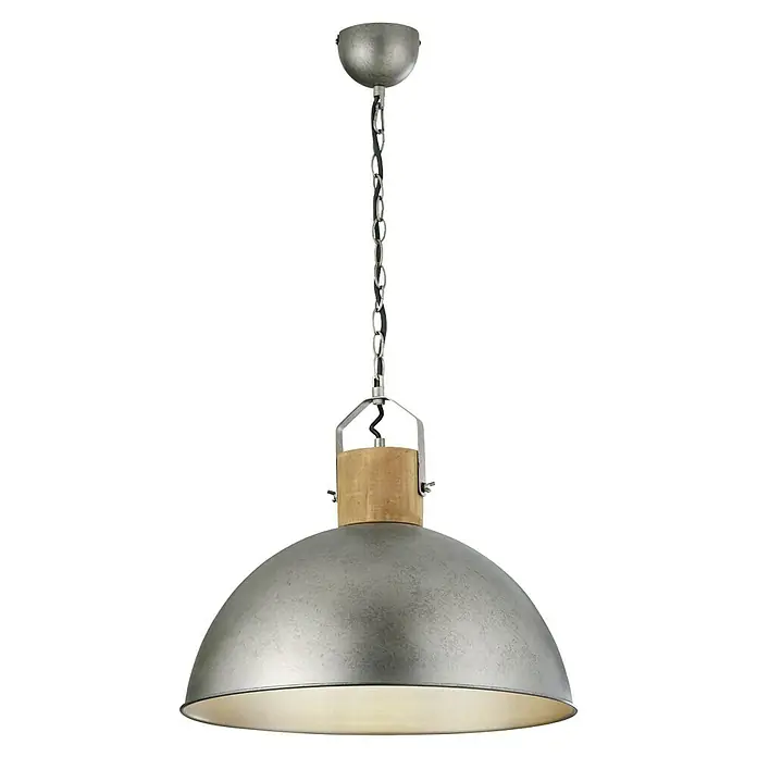 Trio Leuchten Delhi Pendelleuchte - 60 W, Nickel-antik, E27, 1 Stk. - Nahaufnahme einer Hängelampe im Industriestil mit Kettenaufhängung und silbernem Lampenschirm.