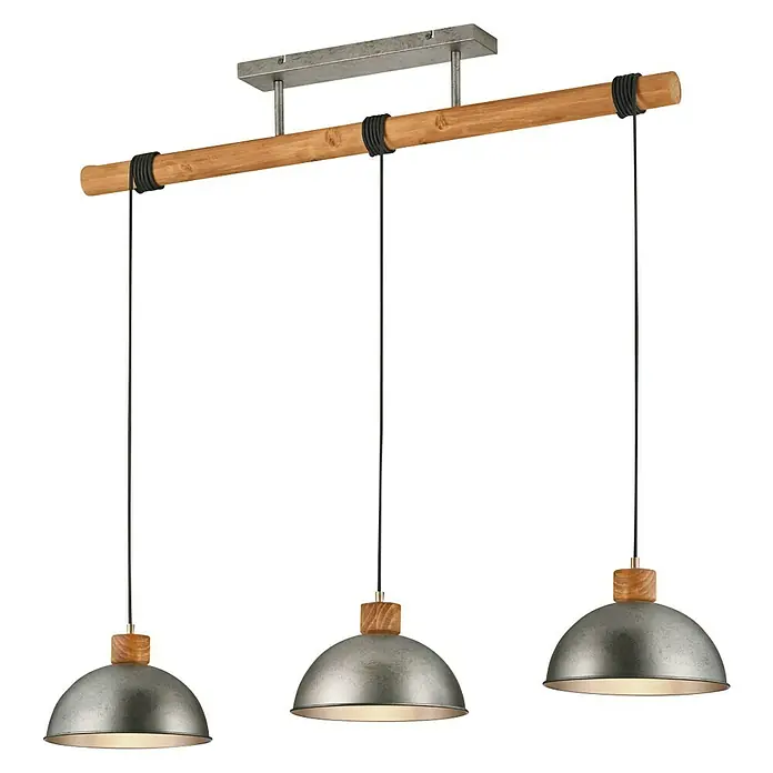 Trio Leuchten Delhi Pendelleuchte - 42 W, L x B x H: 25,5 x 107,5 x 215 cm, Nickel-antik, E27, 3 Stk. - Pendelleuchte mit drei Lampen an einer Holzstange mit Metallsockel. Das perfekte Beleuchtungselement für Ihr Zuhause.