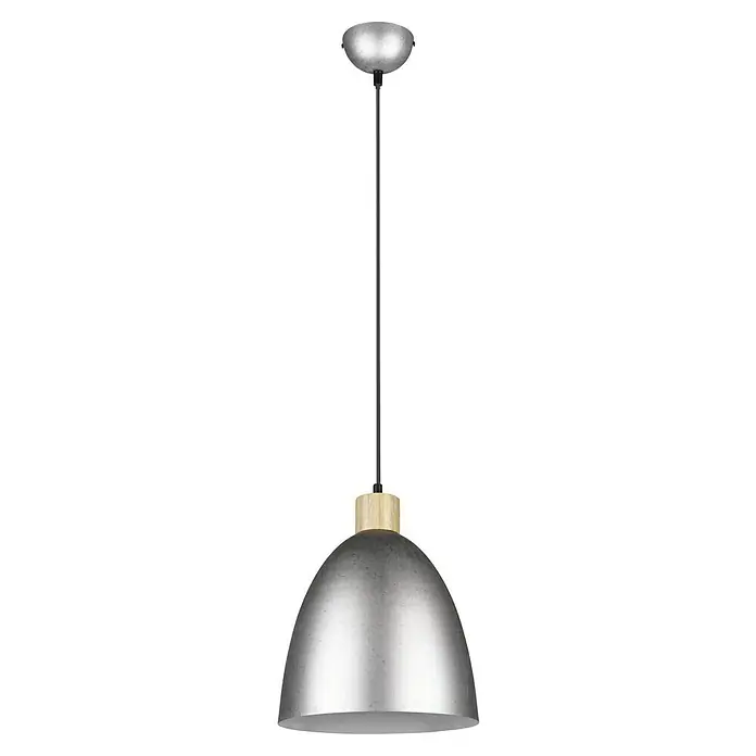 Reality Leuchten Pendelleuchte JAGGER - 40 W, Ø x H: 25 x 150 cm, Nickel-antik, E27 - Elegante Hängeleuchte mit silbernem Lampenschirm und Holzelement, die jedem Raum einen Hauch von modernem Design verleiht. Ideal für Wohn- oder Esszimmer.