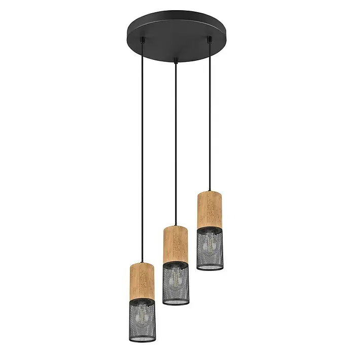 Trio Leuchten Tosh Pendelleuchte - 40 W, Schwarz, E27 - Eine Pendelleuchte mit drei Leuchten, jede mit einem Holzaufsatz und einem schwarzen Metallgitter. Sieht modern und stilvoll aus.