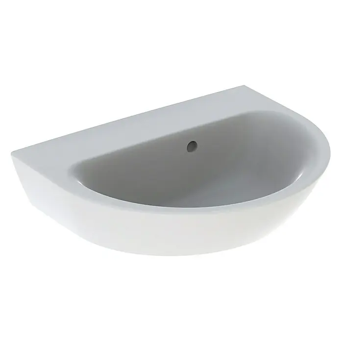 Geberit Renova Waschbecken - B x L: 50 x 40 cm, Ohne Spezialglasur, Hahnloch: Ohne, Mit Überlauf, Weiß - Nahaufnahme eines weißen, halbrunden Waschbeckens mit einem einzelnen Loch für einen Wasserhahn vor einem schwarzen Hintergrund.