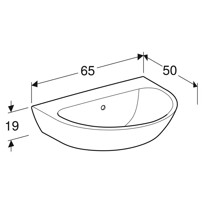 Geberit Renova Waschtisch - 65 x 50 cm, Ohne Spezialglasur, Hahnloch: Ohne, Mit Überlauf, Weiß - Bild einer Eckwaschbecken-Zeichnung mit Maßen (65, 50, 19), ideal für kleine Badezimmer.