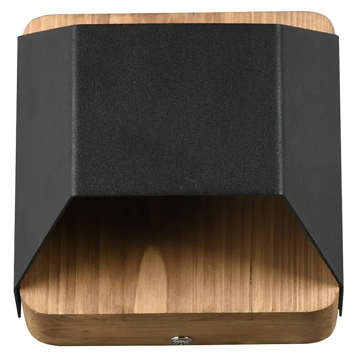 Trio Leuchten LED-Wandleuchte Arino - 4 W, L x B x H: 10 x 12,2 x 12 cm, Schwarz, Warmweiß - Nahaufnahme einer stilvollen Wandleuchte mit Holzbasis und mattschwarzem Metallgehäuse. Elegantes Design für moderne Innenräume.