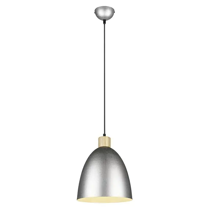Reality Leuchten Pendelleuchte JAGGER - 40 W, Ø x H: 25 x 150 cm, Nickel-antik, E27 - Eine moderne Pendelleuchte mit einem silbernen Lampenschirm und einem Holzdetail. Ideal für stilvolle Beleuchtung in jedem Raum.