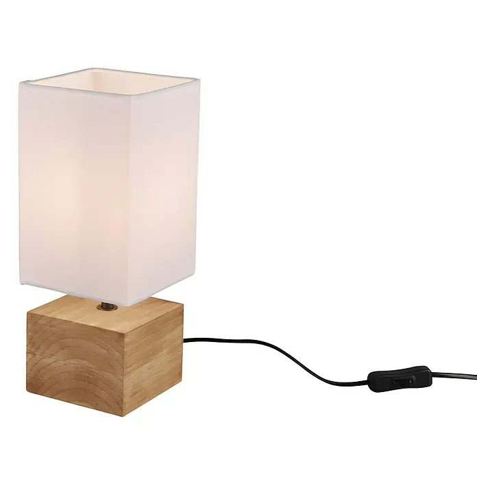 Trio Leuchten Tischleuchte Woody - 40 W, L x B x H: 12 x 12 x 30 cm, Weiß/Braun, E14 - Eine moderne Tischlampe mit einem quadratischen Holzfuß und einem rechteckigen, weißen Lampenschirm. Ideal für Nachttische oder Schreibtische.