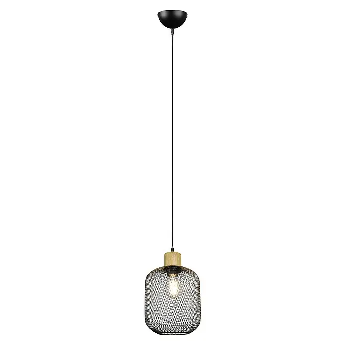 Reality Leuchten Pendelleuchte rund CALIMERO - 40 W, Ø x H: 18 x 150 cm, Schwarz, E27 - Eine moderne Pendelleuchte mit schwarzem Metallgeflecht, einem Holzelement und einer langen, schlanken Aufhängung.