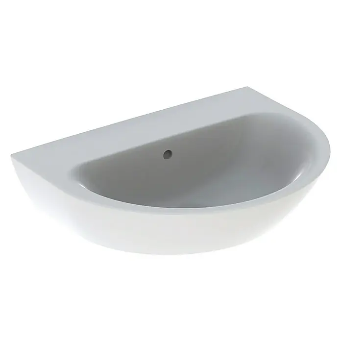 Geberit Renova Waschtisch - 65 x 50 cm, Ohne Spezialglasur, Hahnloch: Ohne, Mit Überlauf, Weiß - Nahaufnahme eines eleganten weißen Waschbeckens. Perfekt für moderne Badezimmer, minimalistisch und funktional.