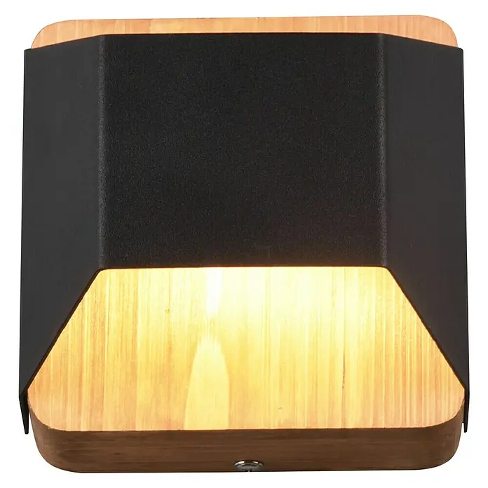 Trio Leuchten LED-Wandleuchte Arino - 4 W, L x B x H: 10 x 12,2 x 12 cm, Schwarz, Warmweiß - Moderne Wandleuchte mit einem schwarzen Rahmen und einem warmen Holzton, die eine gemütliche Atmosphäre schafft.