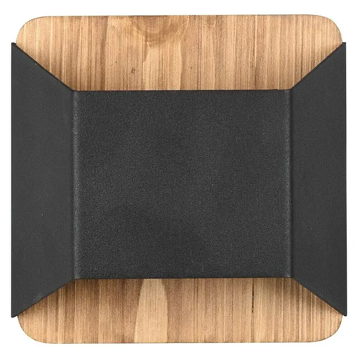 Trio Leuchten LED-Wandleuchte Arino - 4 W, L x B x H: 10 x 12,2 x 12 cm, Schwarz, Warmweiß - Nahaufnahme eines eleganten Geldbeutels aus Holz und Metall, der Funktionalität und modernes Design vereint.
