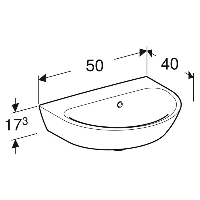 Geberit Renova Waschbecken - B x L: 50 x 40 cm, Ohne Spezialglasur, Hahnloch: Ohne, Mit Überlauf, Weiß - Abbildung eines Aufsatzwaschbeckens in Halbkreisform mit den Maßen 50x40x173. Das Waschbecken ist in weiß gehalten und hat einen mittigen Abfluss.