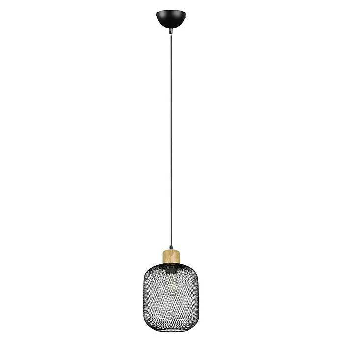 Reality Leuchten Pendelleuchte rund CALIMERO - 40 W, Ø x H: 18 x 150 cm, Schwarz, E27 - Elegante Pendelleuchte mit schwarzem Drahtschirm und Holzelement, die eine moderne und industrielle Ästhetik vereint. Perfekt für stilvolle Akzentbeleuchtung.