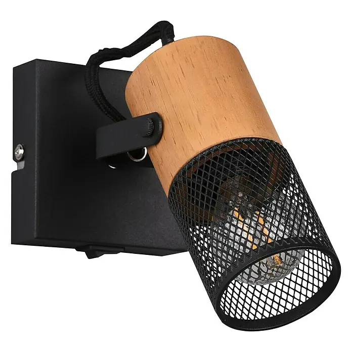 Trio Leuchten Tosh Deckenstrahler - 15 W, L x B x H: 19,5 x 9 x 13,7 cm, Schwarz, E14, 1 Stk. - Nahaufnahme einer Wandleuchte mit Holzkorpus und schwarzem Metallsieb, die ein warmes Licht ausstrahlt.