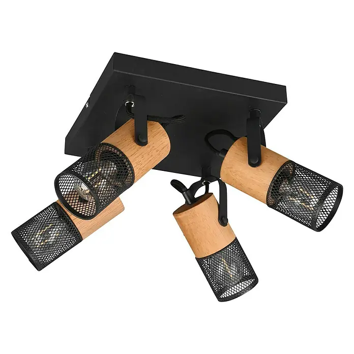 Trio Leuchten Tosh Deckenstrahler - 40 W, L x B x H: 22 x 22 x 19,5 cm, Schwarz, E14, 4 Stk. - Deckenleuchte mit vier Strahlern im Industrial Design. Die Lampenschirme sind aus Holz und Metall gefertigt.