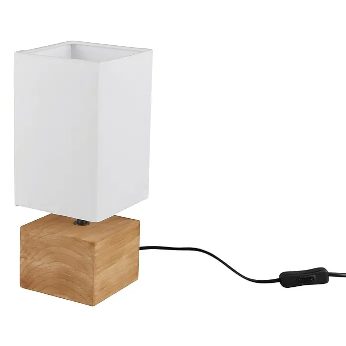 Trio Leuchten Tischleuchte Woody - 40 W, L x B x H: 12 x 12 x 30 cm, Weiß/Braun, E14 - Elegante Tischleuchte mit weißem, quadratischem Lampenschirm und einem stilvollen Sockel aus hellem Holz, ideal für gemütliche Lichtakzente.