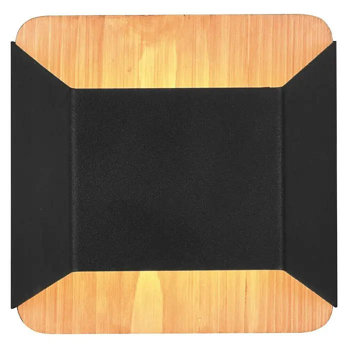 Trio Leuchten LED-Wandleuchte Arino - 4 W, L x B x H: 10 x 12,2 x 12 cm, Schwarz, Warmweiß - Nahaufnahme eines quadratischen Holztabletts mit einem schwarzen Rechteck in der Mitte und schwarzen Akzenten an den Ecken.