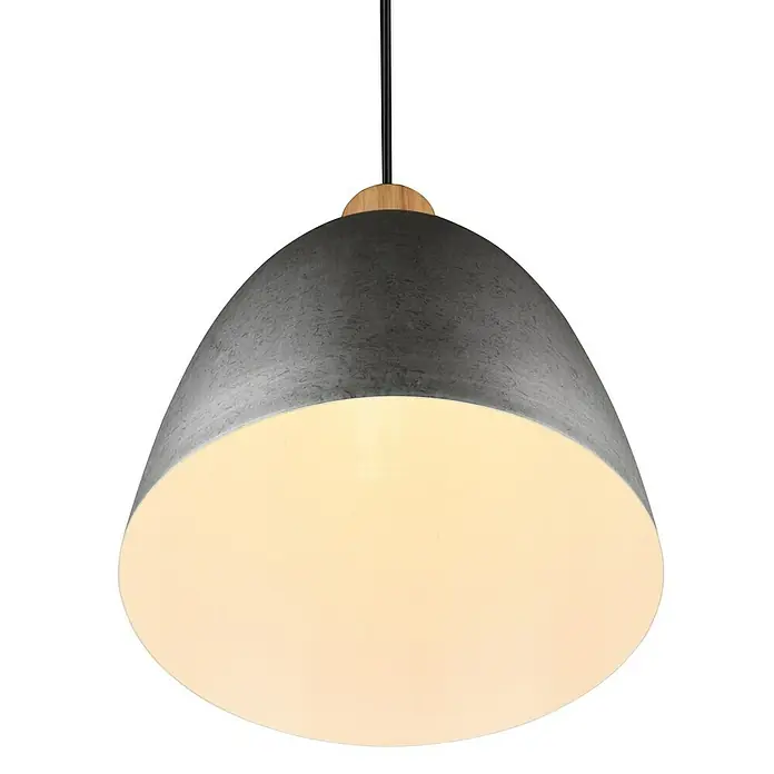 Reality Leuchten Pendelleuchte JAGGER - 40 W, Ø x H: 25 x 150 cm, Nickel-antik, E27 - Nahaufnahme einer stilvollen Pendelleuchte mit Betonoptik und warmem Lichtschein, ideal für modernes Wohnambiente.