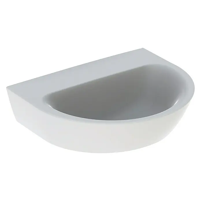 Geberit Renova Waschtisch - 55 x 45 cm, Mit schmutzabweisender Glasur, Hahnloch: Ohne, Ohne Überlauf, Weiß - Ein elegantes, weißes Waschbecken, das durch sein modernes Design und seine halbmondförmige Form besticht. Ideal für stilvolle Badezimmer.