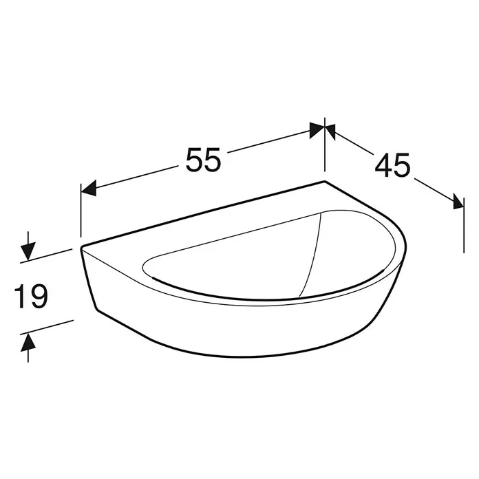 Geberit Renova Waschtisch - 55 x 45 cm, Mit schmutzabweisender Glasur, Hahnloch: Ohne, Ohne Überlauf, Weiß - Detaillierte Zeichnung eines Waschbeckens mit Maßangaben für Design und Installation.