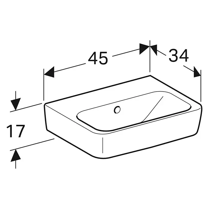 Geberit Renova Plan Waschbecken - 45 x 34 cm, Mit schmutzabweisender Glasur, Hahnloch: Ohne, Mit Überlauf, Weiß - Abbildung eines Waschtischs mit den Maßen 45 x 34 x 17, die in einer sauberen, modernen Badezimmerumgebung eine stilvolle Ergänzung darstellt.