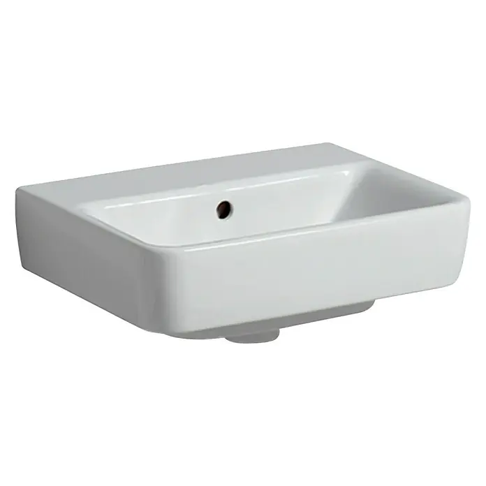 Geberit Renova Plan Waschbecken - 45 x 34 cm, Mit schmutzabweisender Glasur, Hahnloch: Ohne, Mit Überlauf, Weiß - Ein elegantes, rechteckiges Waschbecken in Weiß, das modernes Design und Funktionalität für jedes Badezimmer vereint.
