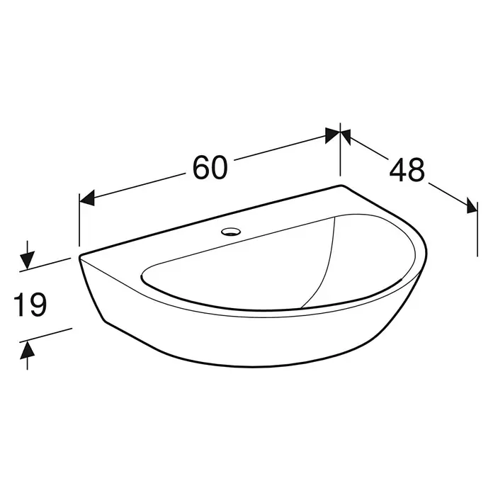 Geberit Renova Waschtisch - 48 x 60 cm, Ohne Spezialglasur, Hahnloch: Mitte, Ohne Überlauf, Weiß - Eine schematische Darstellung eines weißen Aufsatzwaschbeckens mit Maßen, die in der technischen Zeichnung angegeben sind.