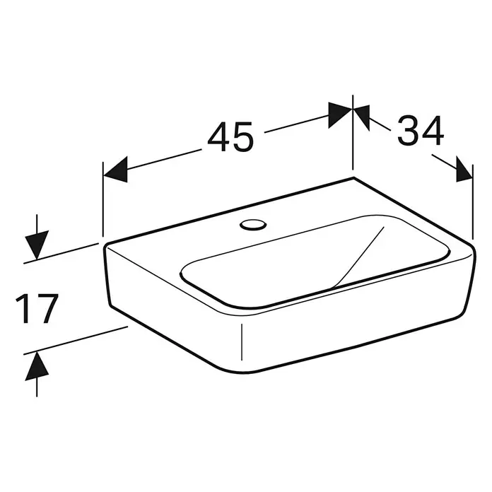 Geberit Renova Plan Waschbecken - 45 x 34 cm, Mit schmutzabweisender Glasur, Hahnloch: Mitte, Ohne Überlauf, Weiß - Detaillierte Skizze eines rechteckigen Waschbeckens mit den Maßen 45 x 34 cm und einer Höhe von 17 cm. Klare Linien und präzise Angaben.