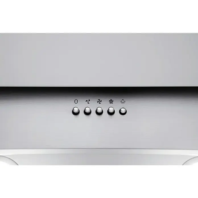 Respekta Schräghaube Kira - Breite: 60 cm, Max. Gebläseleistung Abluftbetrieb: 302,6 m³/h, Weiß/Silber - Nahaufnahme der Bedienelemente einer Dunstabzugshaube aus Edelstahl mit verschiedenen Lüftergeschwindigkeiten und Lichtoptionen.