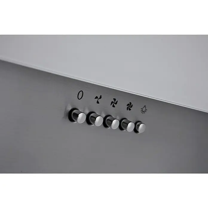 Respekta Schräghaube Kira - Breite: 60 cm, Max. Gebläseleistung Abluftbetrieb: 302,6 m³/h, Weiß/Silber - Nahaufnahme der Bedienelemente einer Dunstabzugshaube mit Knöpfen zur Steuerung von Lüftergeschwindigkeit und Licht.