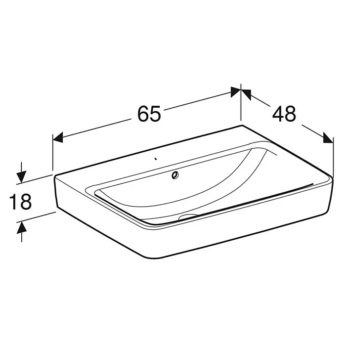 Geberit Renova Plan Waschtisch - 65 x 48 cm, Ohne Spezialglasur, Hahnloch: Ohne, Mit Überlauf, Weiß - Bild einer Aufsatzwaschbecken-Zeichnung mit den Maßen 65 cm Breite, 48 cm Tiefe und 18 cm Höhe. Die Aufsatzwaschbecken-Zeichnung ist in Schwarz gehalten.