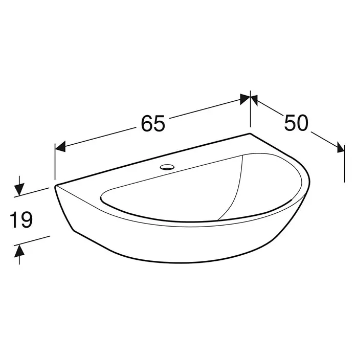 Geberit Renova Waschtisch - 65 x 50 cm, Ohne Spezialglasur, Hahnloch: Mitte, Ohne Überlauf, Weiß - Bild einer Eckwaschbecken-Zeichnung mit Maßangaben. Das Waschbecken ist in Weiß gehalten und zeigt Details wie Tiefe und Breite.
