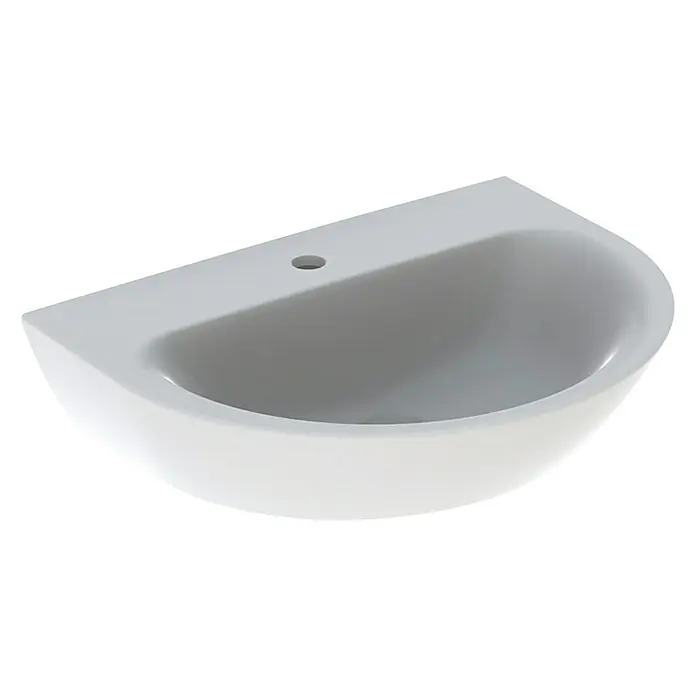 Geberit Renova Waschtisch - 65 x 50 cm, Ohne Spezialglasur, Hahnloch: Mitte, Ohne Überlauf, Weiß - Auf dem Bild ist ein modernes, weißes Waschbecken zu sehen, das durch sein minimalistisches Design und die halbrunde Form besticht.