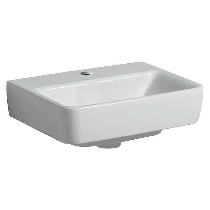 Geberit Renova Plan Waschbecken - 45 x 34 cm, Mit schmutzabweisender Glasur, Hahnloch: Mitte, Ohne Überlauf, Weiß - Nahaufnahme eines modernen, rechteckigen, weißen Keramikwaschbeckens vor einem schwarzen Hintergrund.