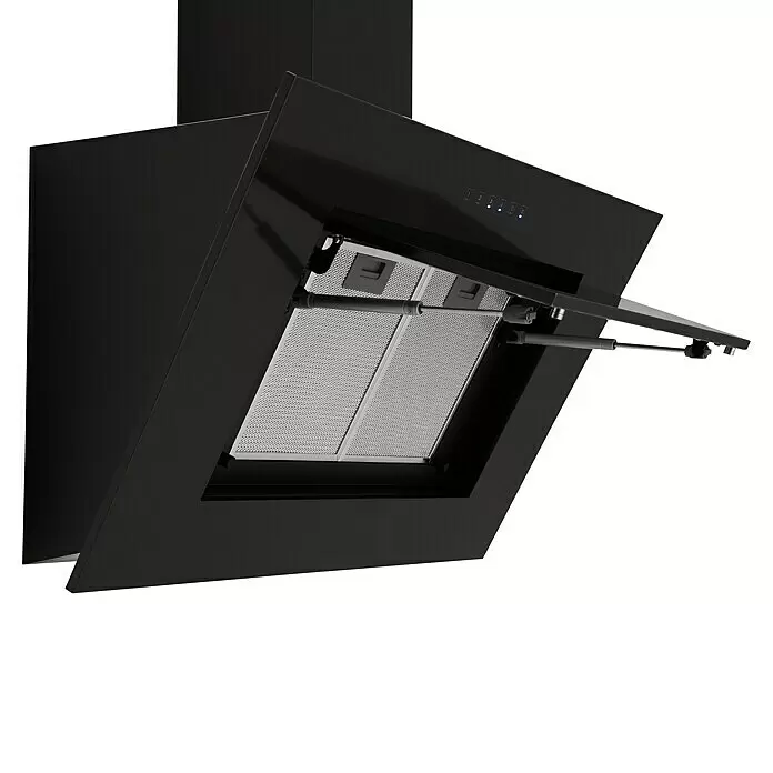 Respekta Schräghaube Nele - Breite: 90 cm, Max. Gebläseleistung Abluftbetrieb: 502,6 m³/h, Blacksteel - Schwarze, schräge Dunstabzugshaube mit geöffneter Frontplatte, die zwei Metallfilter und eine Gasdruckfeder zeigt.