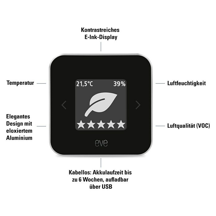 Eve Luftqualitätsmonitor RoomAkkubetrieben, Schwarz/Silber, 15 x 54 x 54 mm Sketch