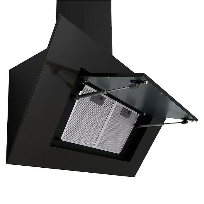 Respekta Schräghaube Nele - Breite: 90 cm, Max. Gebläseleistung Abluftbetrieb: 502,6 m³/h, Blacksteel - Nahaufnahme einer schwarzen Dunstabzugshaube mit geöffneter Klappe und Filtern. Ein modernes Küchengerät im Detail.
