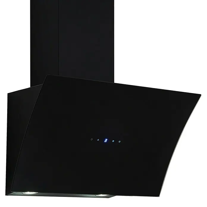 Respekta Schräghaube Alia - Breite: 60 cm, Max. Gebläseleistung Abluftbetrieb: 534,8 m³/h, Schwarz - Eine moderne, schwarze Dunstabzugshaube mit elegantem Design und blauer LED-Anzeige für die Bedienung. Perfekt für jede Küche!