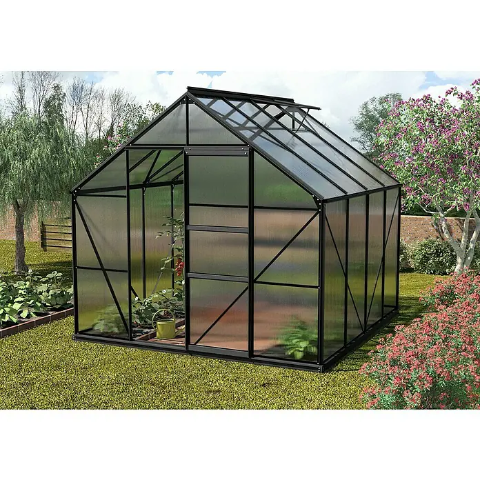 Vitavia Gewächshaus Merkur 6700 - Außenmaß inkl. Dachüberstand (B x T): 257 x 258 cm, 6 mm, Schwarz - Das Bild zeigt ein Gewächshaus mit schwarzem Rahmen, das mit Pflanzen im Inneren und Blumen im umliegenden Garten gefüllt ist.