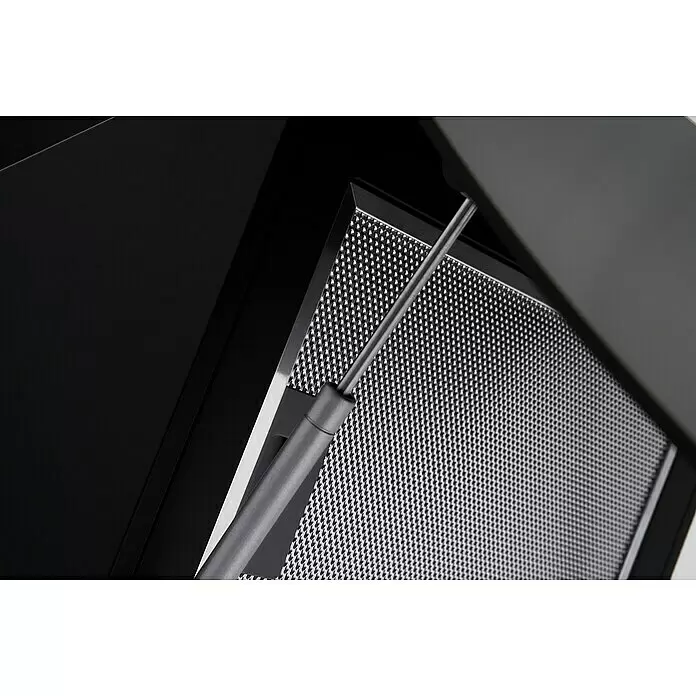 Respekta Schräghaube Alia - Breite: 60 cm, Max. Gebläseleistung Abluftbetrieb: 534,8 m³/h, Schwarz - Nahaufnahme einer schwarzen Dunstabzugshaube mit metallischem Fettfilter und silberner Gasdruckfeder.