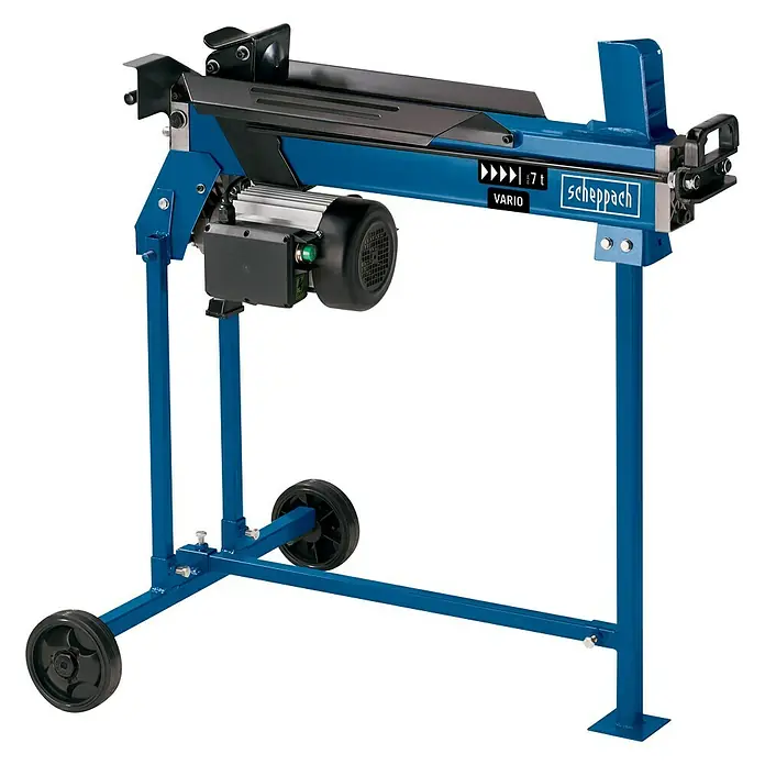 Scheppach Holzspalter HL760LS - 2.200 W, 7 t, Max. Spaltgutlänge: 52 cm - 250 mm - Abbildung eines Scheppach Holzspalters mit blauem Rahmen und Rädern für den einfachen Transport.