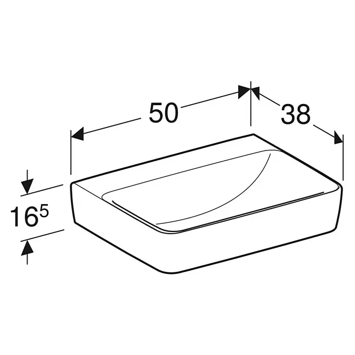 Geberit Renova Plan Waschbecken - 50 x 38 cm, Mit schmutzabweisender Glasur, Hahnloch: Ohne, Ohne Überlauf, Weiß - Abbildung eines rechteckigen Waschbeckens mit Bemaßungen 50, 38 und 165 für Installationszwecke.