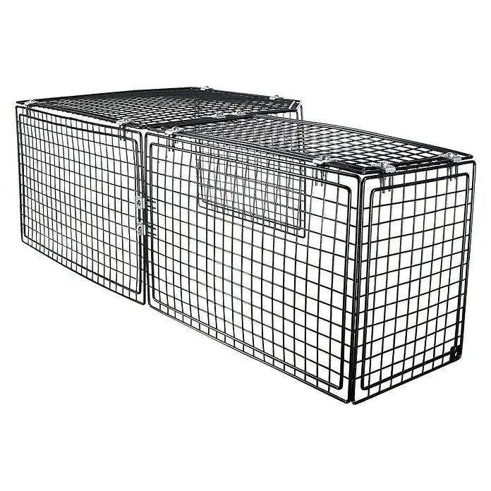 Scheppach Holzspalter HL760LS - 2.200 W, 7 t, Max. Spaltgutlänge: 52 cm - 250 mm - Eine Nahaufnahme von zwei verbundenen, rechteckigen Lebendfallen für Tiere, aus Drahtgitter gefertigt, vor schwarzem Hintergrund.